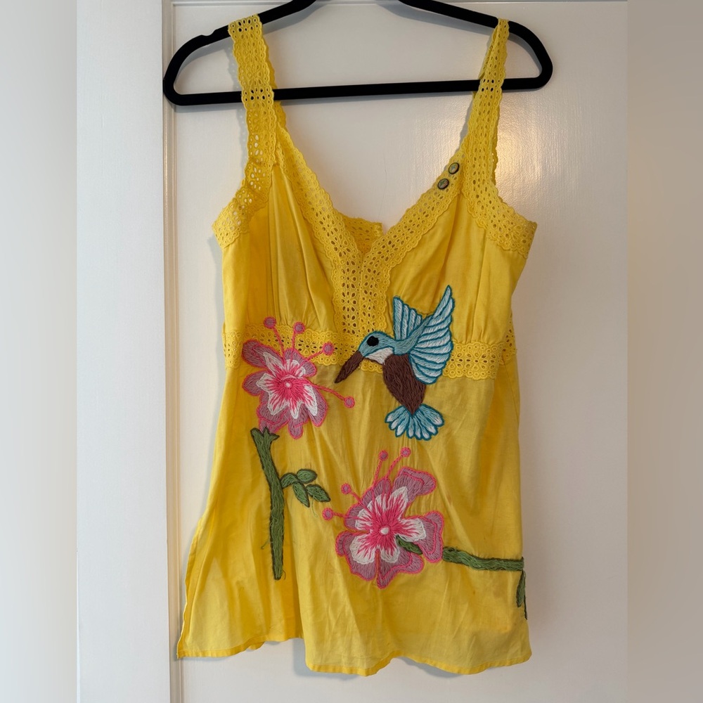 JOYSTICK - Yellow Shirt with Embroidered Floral and Bird Design